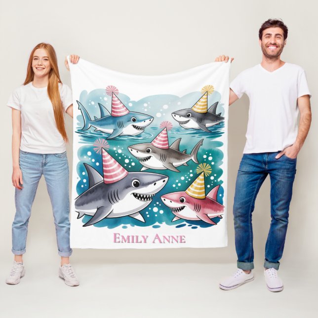 Sharks Cute Under The Sea Girl Birthday Party Fleece Blanket (In Situ)