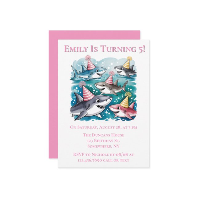 Sharks Cute Under The Sea Girl Birthday Party Invitation (Front/Back In Situ)