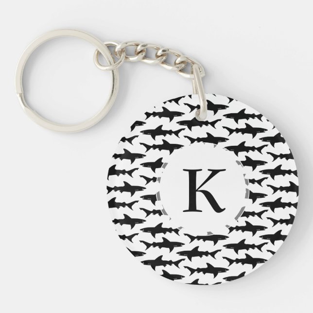 Sharks - Elegant Black and White Shark Pattern Key Ring (Front)