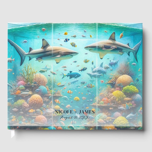 Sharks & Fish Aquatic Watercolor Aquarium Wedding Guest Book (Front)
