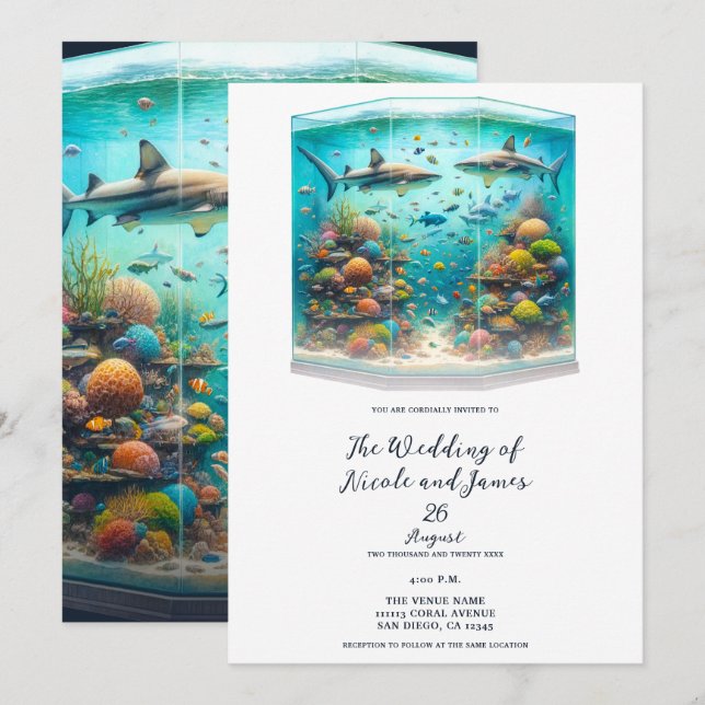 Sharks & Fish Aquatic Watercolor Aquarium Wedding Invitation (Front/Back)