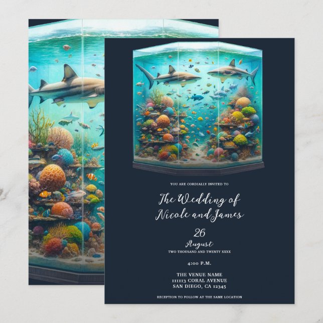 Sharks & Fish Aquatic Watercolor Aquarium Wedding Invitation (Front/Back)