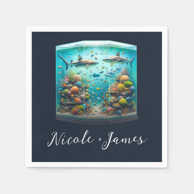 Sharks & Fish Aquatic Watercolor Aquarium Wedding Napkin (Front)