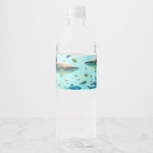 Sharks & Fish Aquatic Watercolor Aquarium Wedding Water Bottle Label
