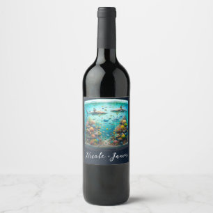 Sharks & Fish Aquatic Watercolor Aquarium Wedding Wine Label