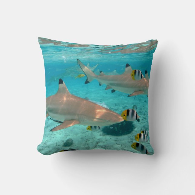Sharks in the Bora Bora lagoon throw pillow (Front)
