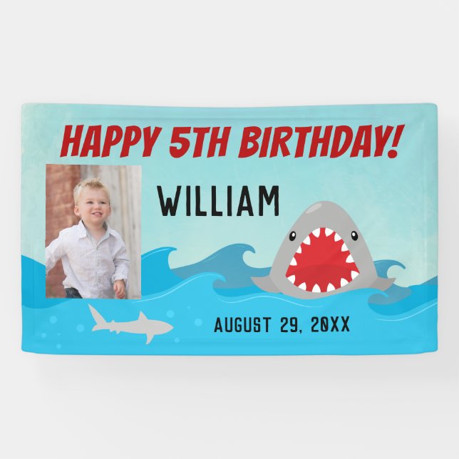 Sharks in Water Boys Photo Shark Birthday Party Banner (Horizontal)