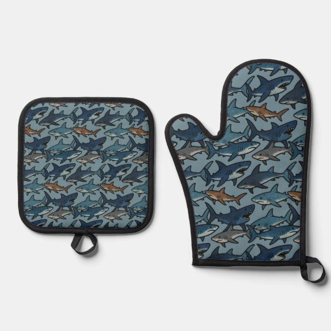 Sharks Pattern                                     Oven Mitt & Pot Holder Set (Front)