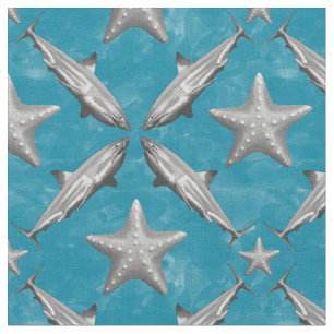 Sharks Starfish Ocean Life Nautical Coastal Blue Fabric