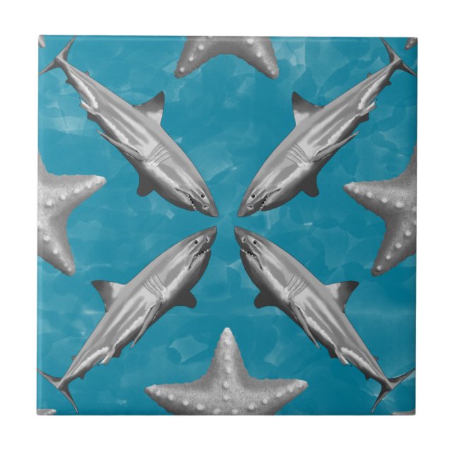Sharks Starfish Ocean Life Nautical Coastal Blue Tile (Front)