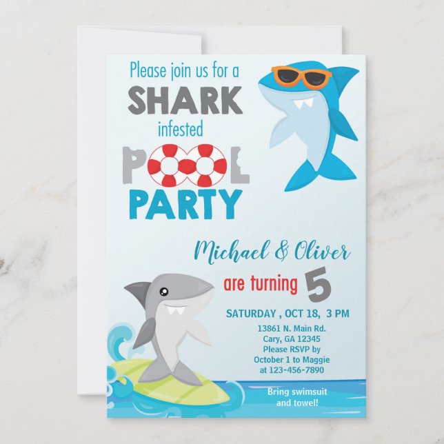Sharks twin boys pool party birthday invite. invitation (Front)