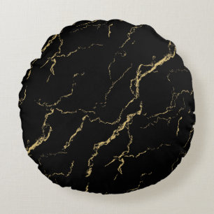 Sharp Black and Gold Marble Round Cushion