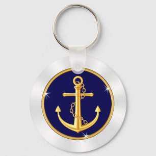 Sharp Blue, White and Gold Anchor Keychain BULK