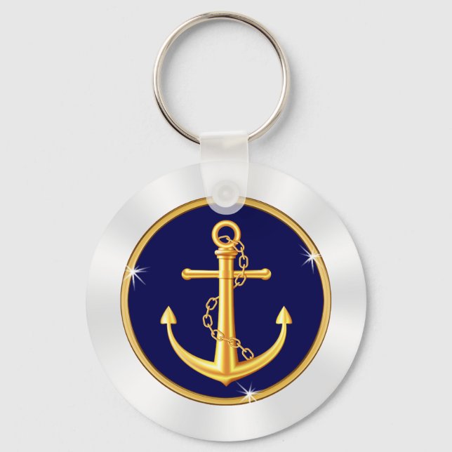 Sharp Blue, White and Gold Anchor Keychain BULK (Front)