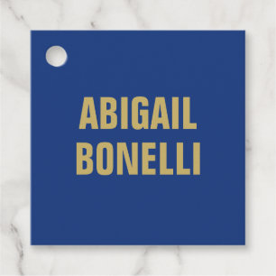 Sharp bold custom minimalist name gold blue colour favour tags