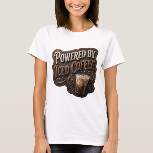 Sharp Gold POWERED BY ICED COFFEE Text Design T-Shirt (Front)