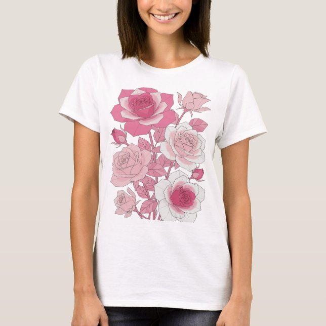 Sharp Grey PINK ROSES Bold Design T-Shirt (Front)