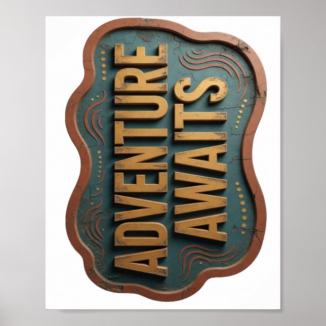 Sharp Orange ADVENTURE AWAITS 3D Text Art Poster (Front)