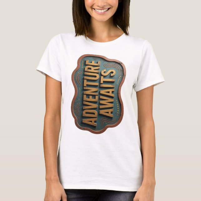 Sharp Orange ADVENTURE AWAITS 3D Text Art T-Shirt (Front)