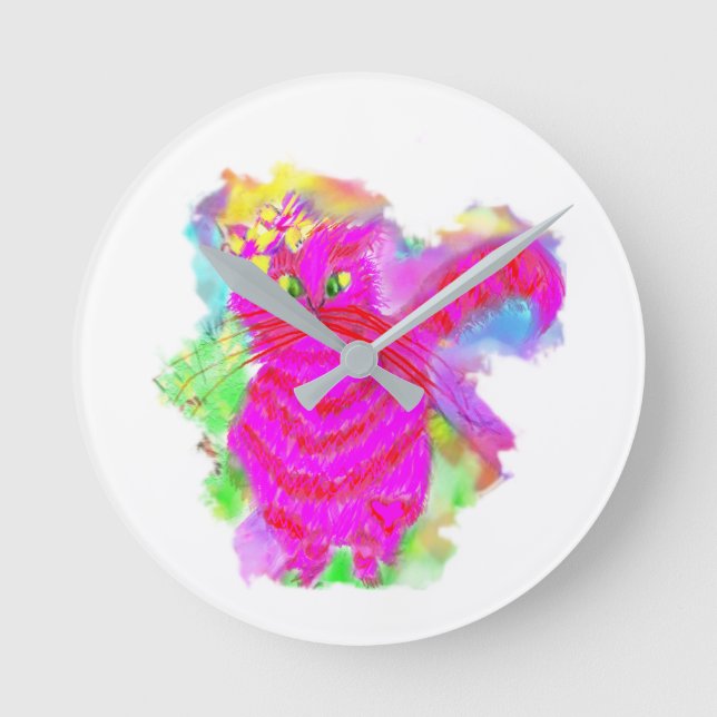 ShaShaShu™ the Flashy  Pink Kitty Cat Clock. Large Round Clock (Front)