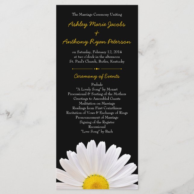Shasta Daisy Flower Yellow Black Wedding Program Programme (Front)