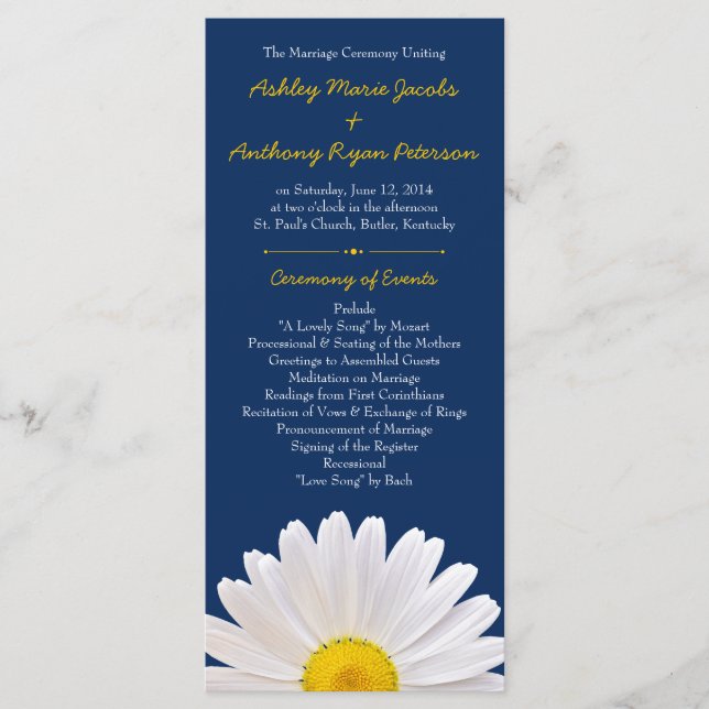 Shasta Daisy Flower Yellow Navy Wedding Program Programme (Front)