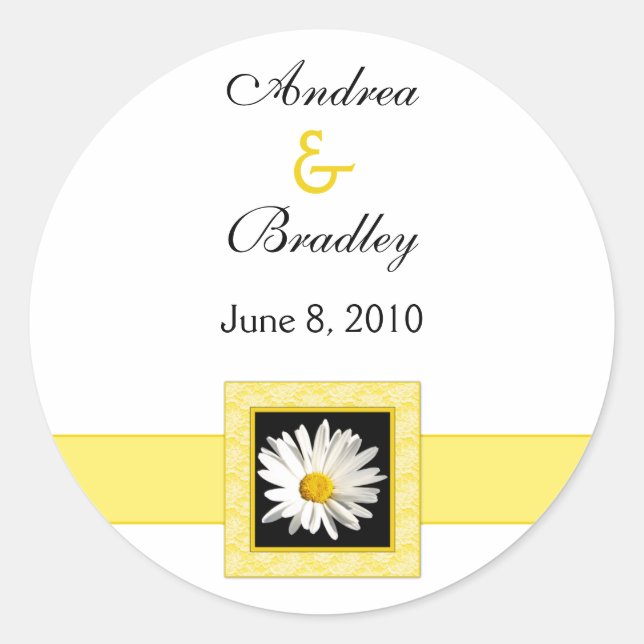 Shasta Daisy Gold Black Personalised Wedding Classic Round Sticker (Front)