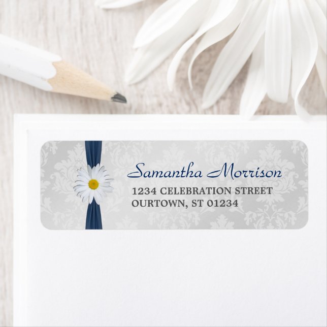 Shasta Daisy Navy Blue Ribbon Address Label (Insitu)