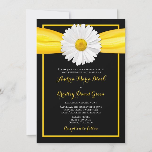 Shasta Daisy Yellow Ribbon Black Wedding Invitation (Front)