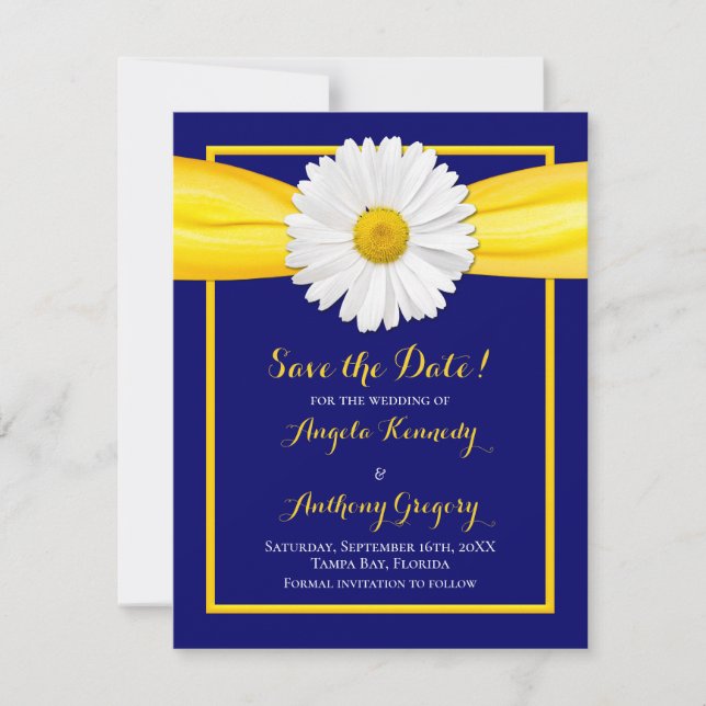 Shasta Daisy Yellow Ribbon Navy Blue Wedding Save The Date (Front)
