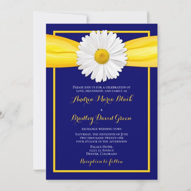Shasta Daisy Yellow Ribbon Navy Wedding Invitation (Front)