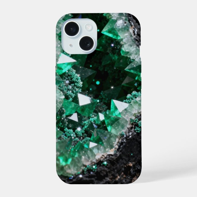 Shattered Emerald Geode Heart iPhone 15 Case (Back)