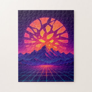Shattered Neon Sun Over Synthwave Mountains  Jigsaw Puzzle