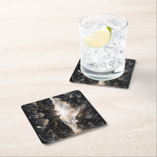 Shattered Veil of Light - Black Gold Luxury Square Paper Coaster