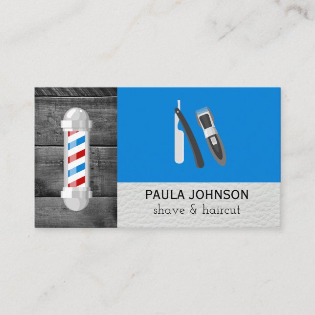 Shave and Haircut Barber | Wood Leather Trim Business Card (Front)