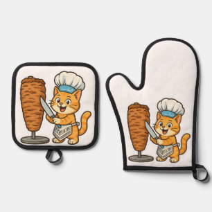 Shawarma Cat Chef Sticker Oven Mitt & Pot Holder Set