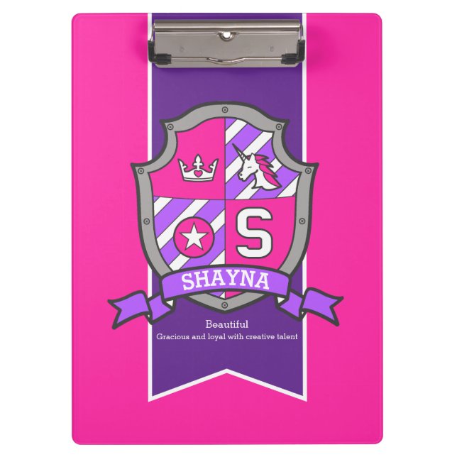 Shayna letter S unicorn crest name meaning pink Clipboard (Front)