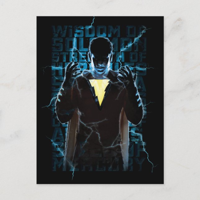 SHAZAM! | Shazam & Abilities Lightning Typography Postcard (Front)