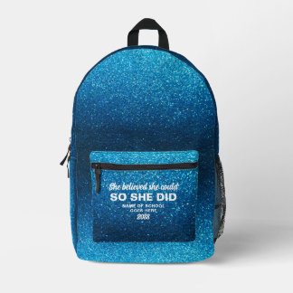 She Believed She Could Aqua Blue Glitter Sparkles Printed Backpack