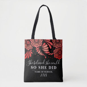 She Believed She Could Black and Red Flower Floral Tote Bag
