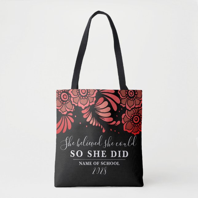 She Believed She Could Black and Red Flower Floral Tote Bag (Front)