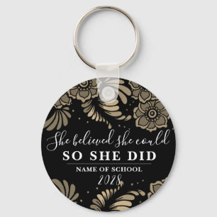 She Believed She Could Black Gold Flower Floral Key Ring