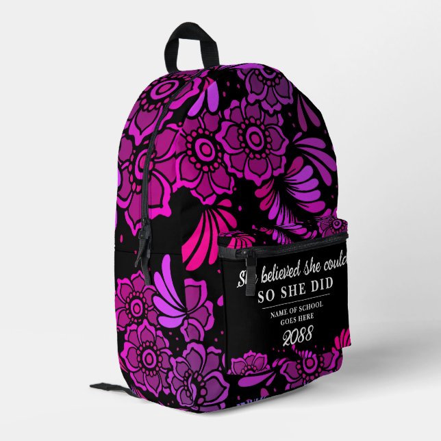She Believed She Could Black Magenta Flower Floral Printed Backpack (Back Corner Left)