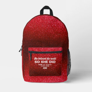 She Believed She Could Black Red Glitter Sparkles Printed Backpack