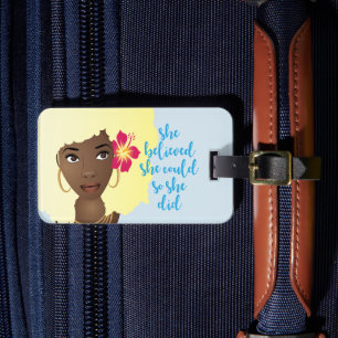 She Believed She Could, Black Woman, Flower Blue Luggage Tag