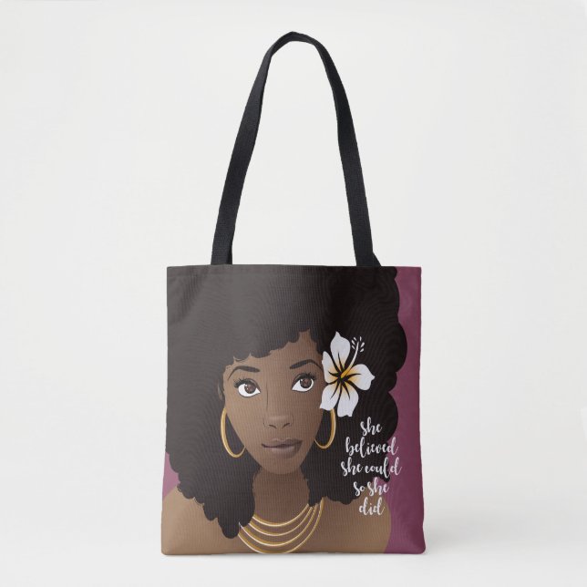 She Believed She Could, Black Woman, Flower Purple Tote Bag (Front)