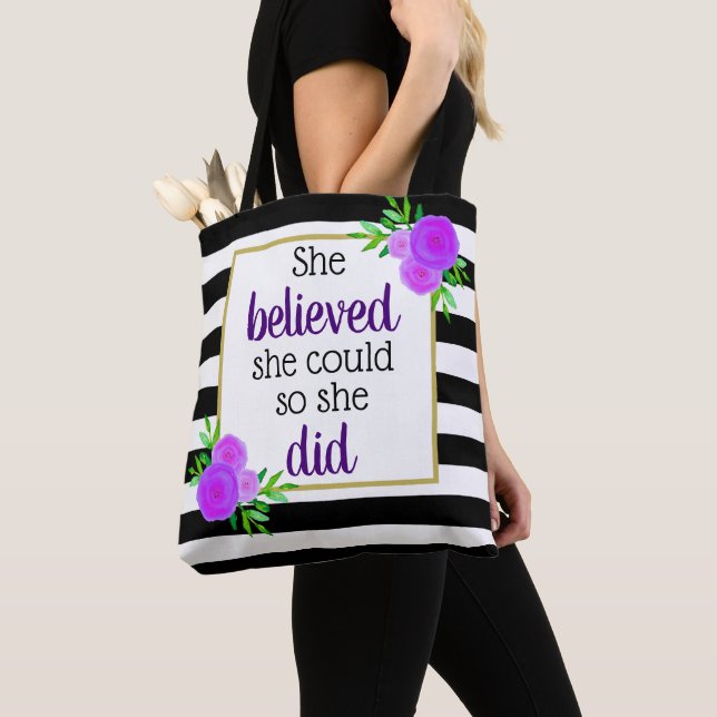 She Believed She Could Floral Stripes Motivational Tote Bag (Close Up)