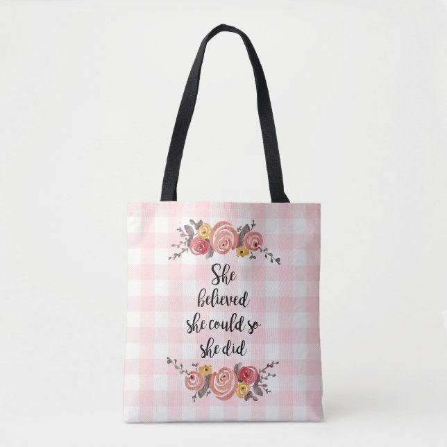 She Believed She Could Flower Gingham Painting Tote Bag (Front)