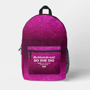 She Believed She Could Hot Pink Glitter Sparkles Printed Backpack