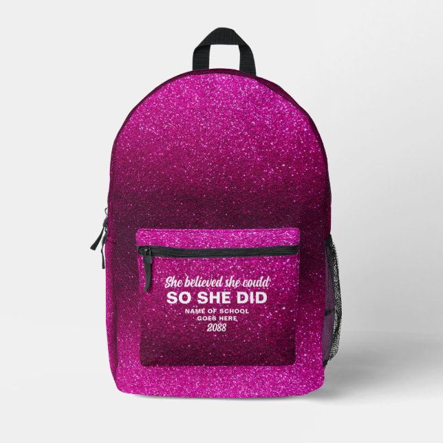 She Believed She Could Hot Pink Glitter Sparkles Printed Backpack (Front)